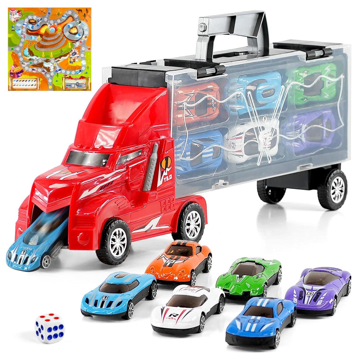 Top Truck Container Carrier with 6 Mini Die-Cast Cars