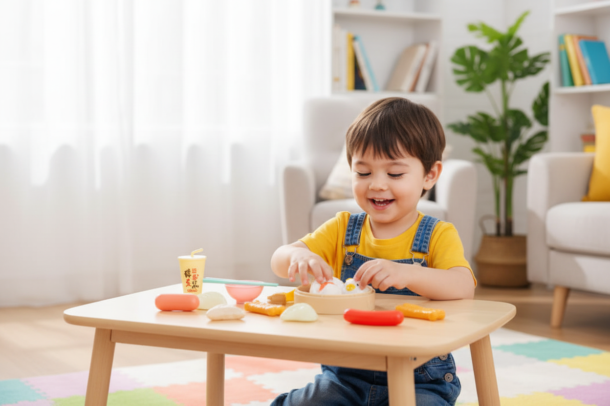 Child playing with breakfast toy set