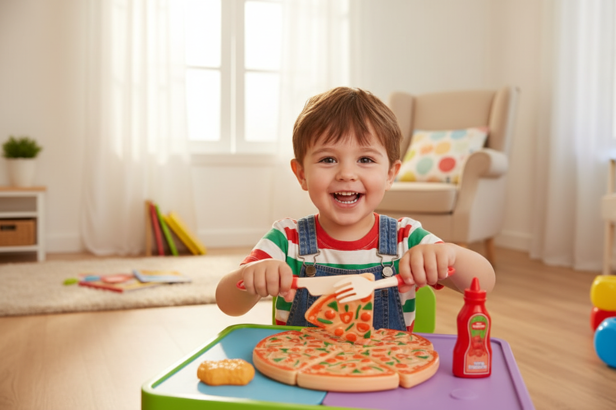 Child playing with pizza toy set