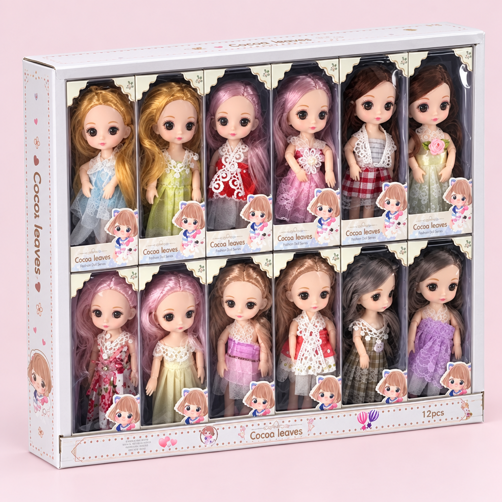 Exact boxed doll set photographed from a closer elevated side angle