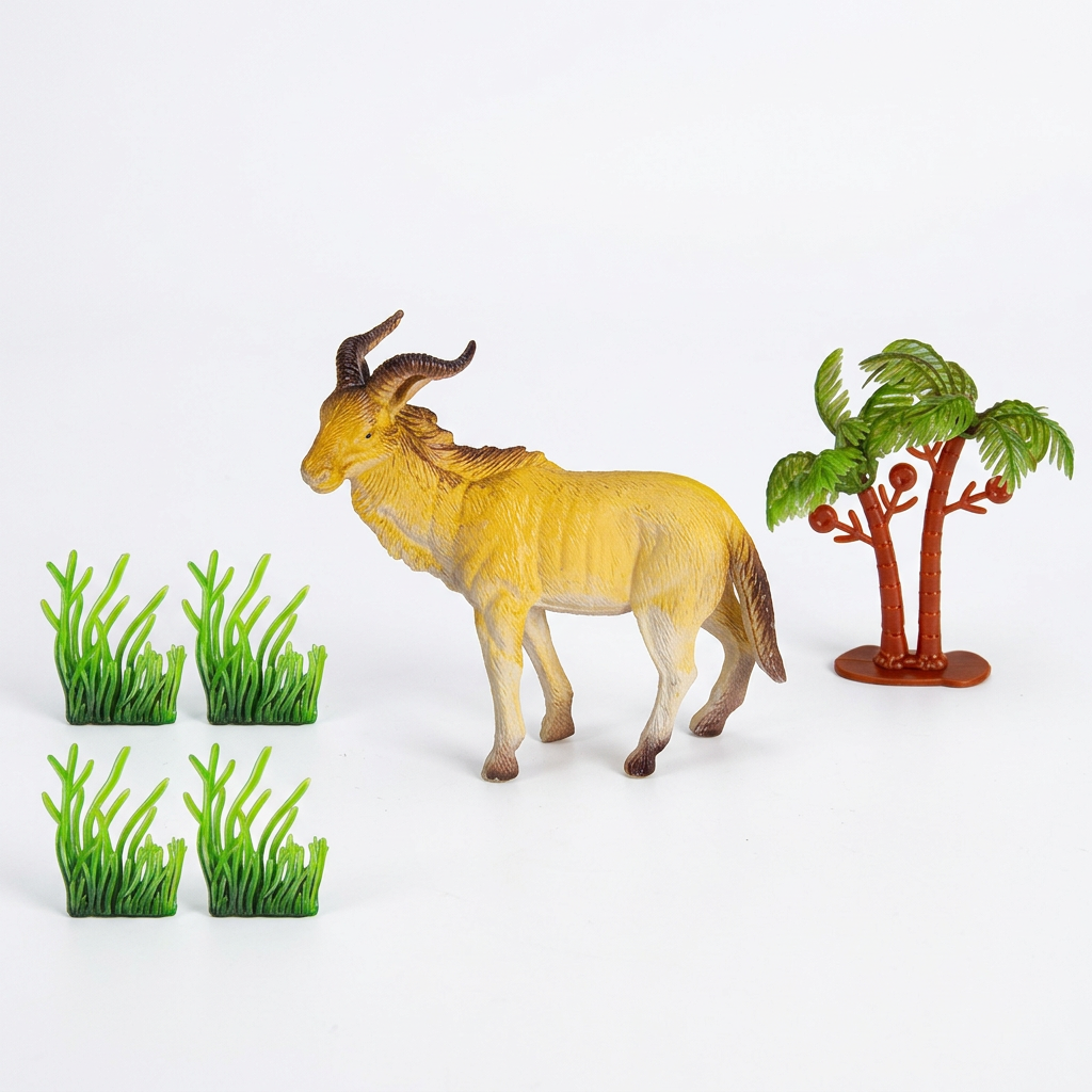Horned antelope figure with the palm trees and grass pieces