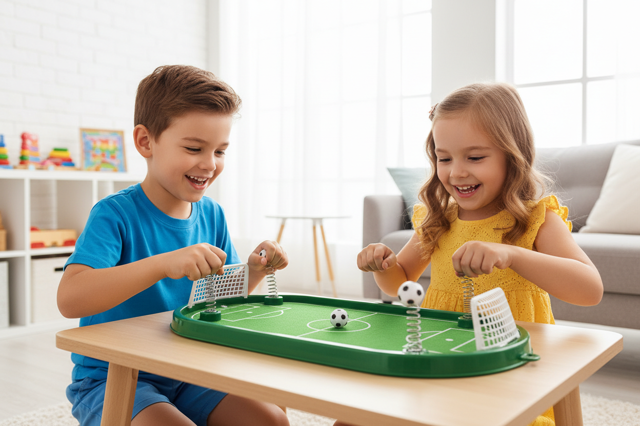 Two children playing the Sports Football Battle tabletop game, smiling and having fun