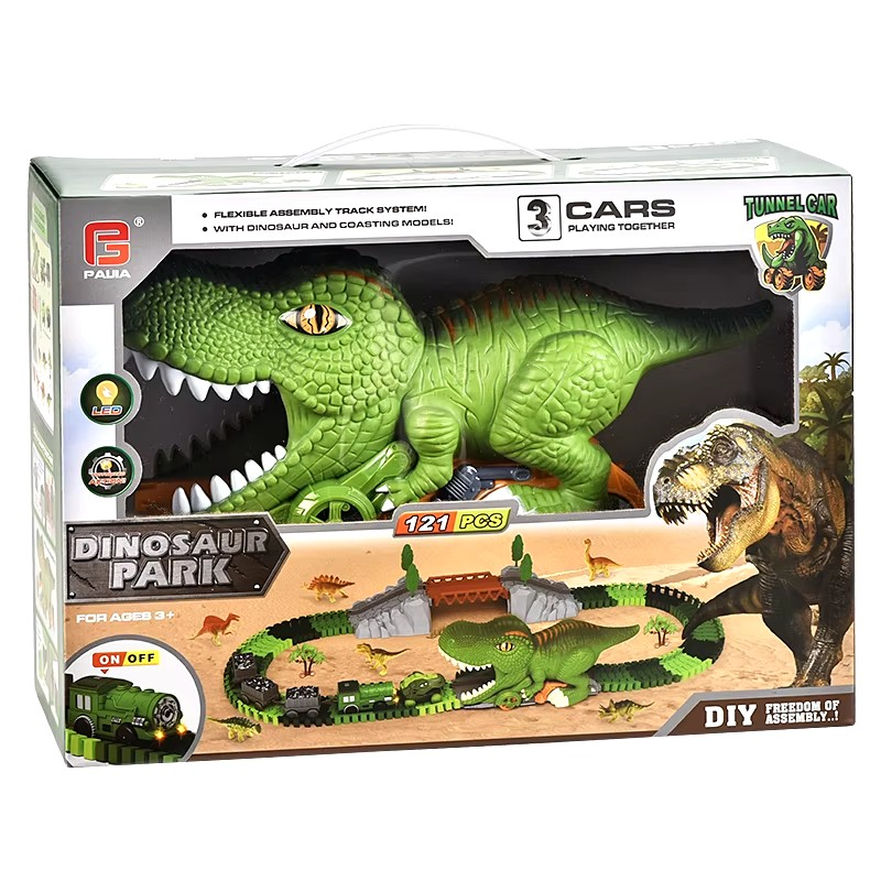 121 Pieces Dinosaur DIY Track Race Toy 360 Loop Slide Track Freewheel Diecast Car Double Sliding