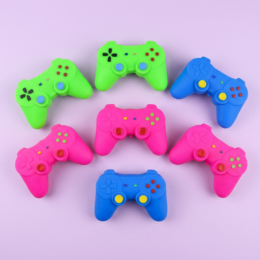 Pack of six controller toys on a lavender background