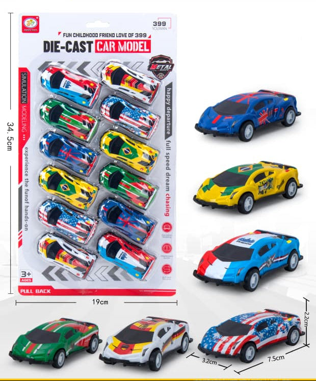 Die-Cast Pull Back Metal Car Set – 6 World Flag Race Cars
