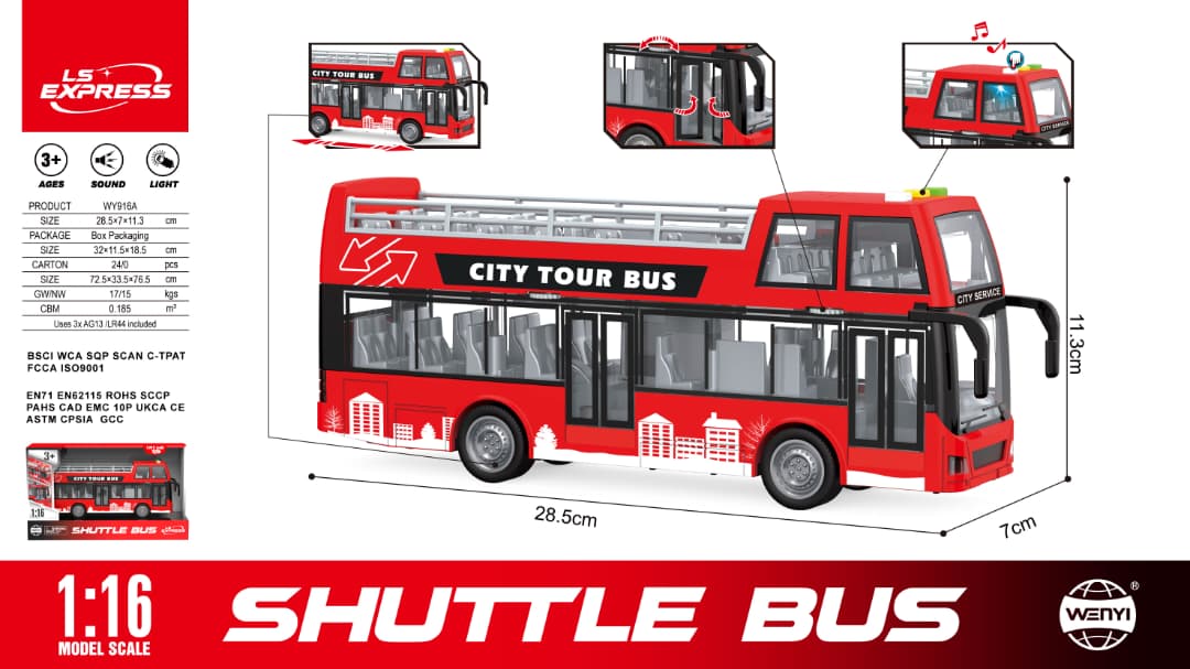 City Tour Bus – 1:16 Scale Double Decker Toy Shuttle Bus with Light & Sound