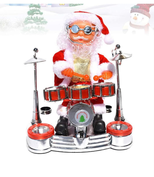 Drumming Santa Christmas decoration with red drum kit and silver-coloured base