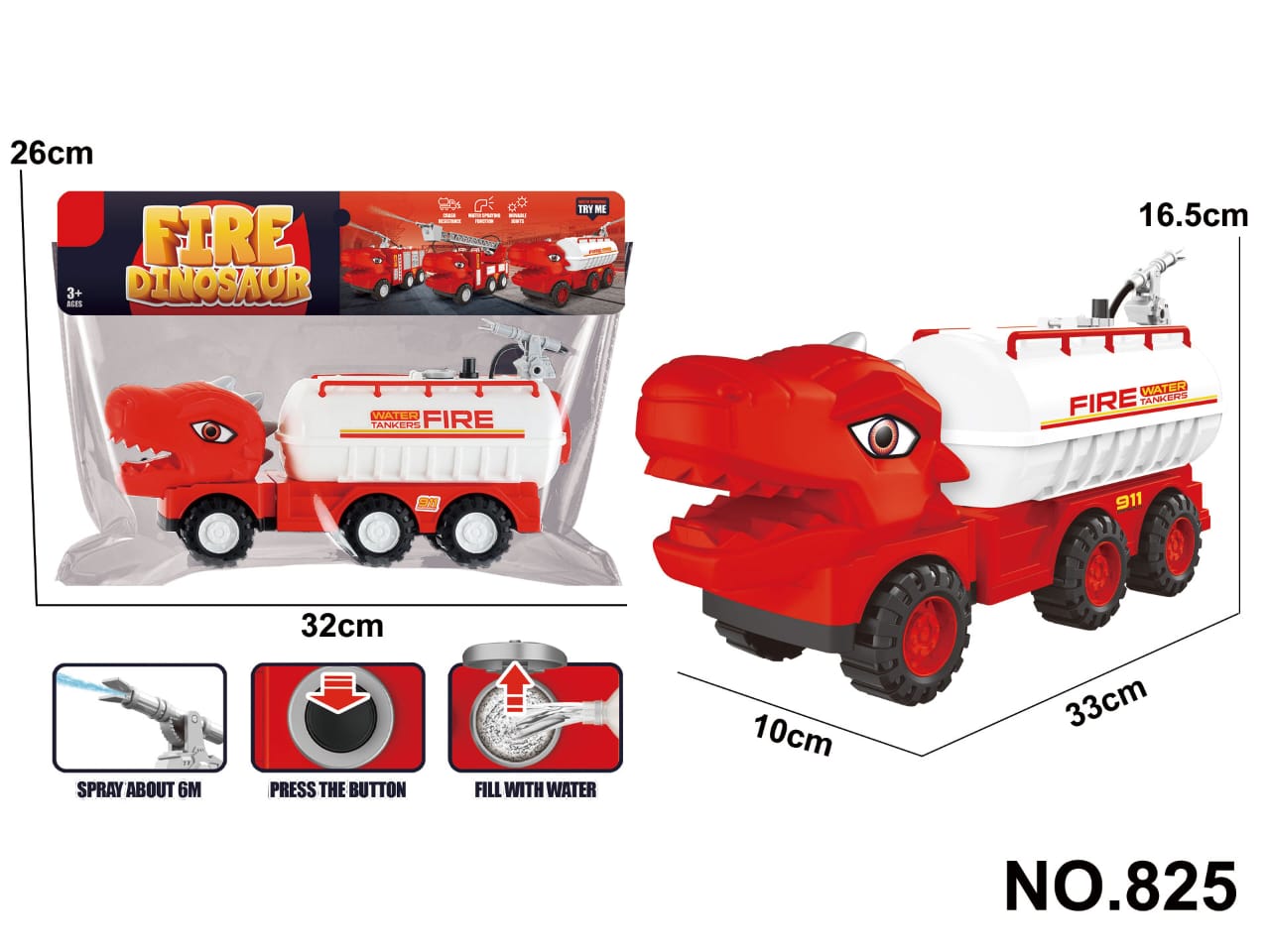 Fire Dinosaur Water Tanker Truck Toy – Spray Up to 6 Metres