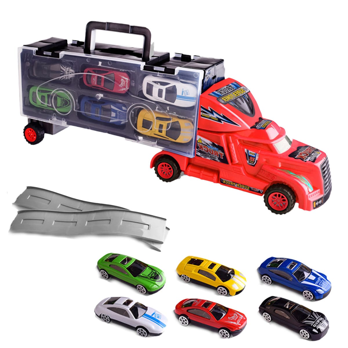 Top Truck Container Carrier with 6 Mini Die-Cast Cars