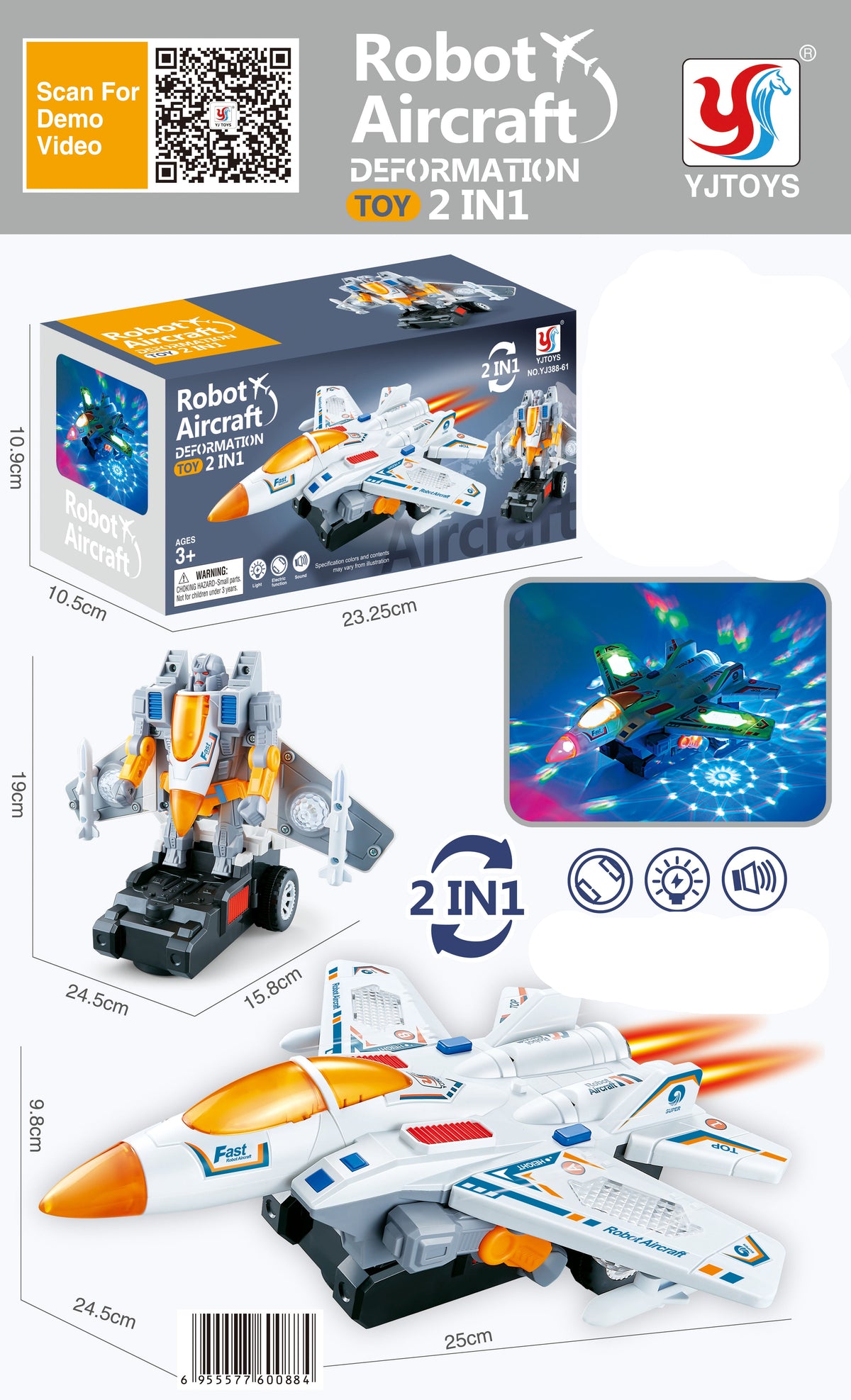 Jet Aircraft & Robot Toy,  with 3D Light & Sound, 2 in 1 Deformation Bump & Go Transforming Airplane
