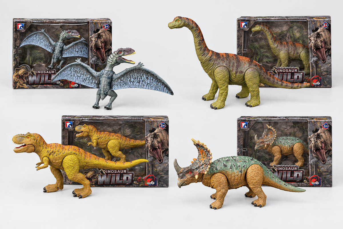 All four dinosaur variants with packaging