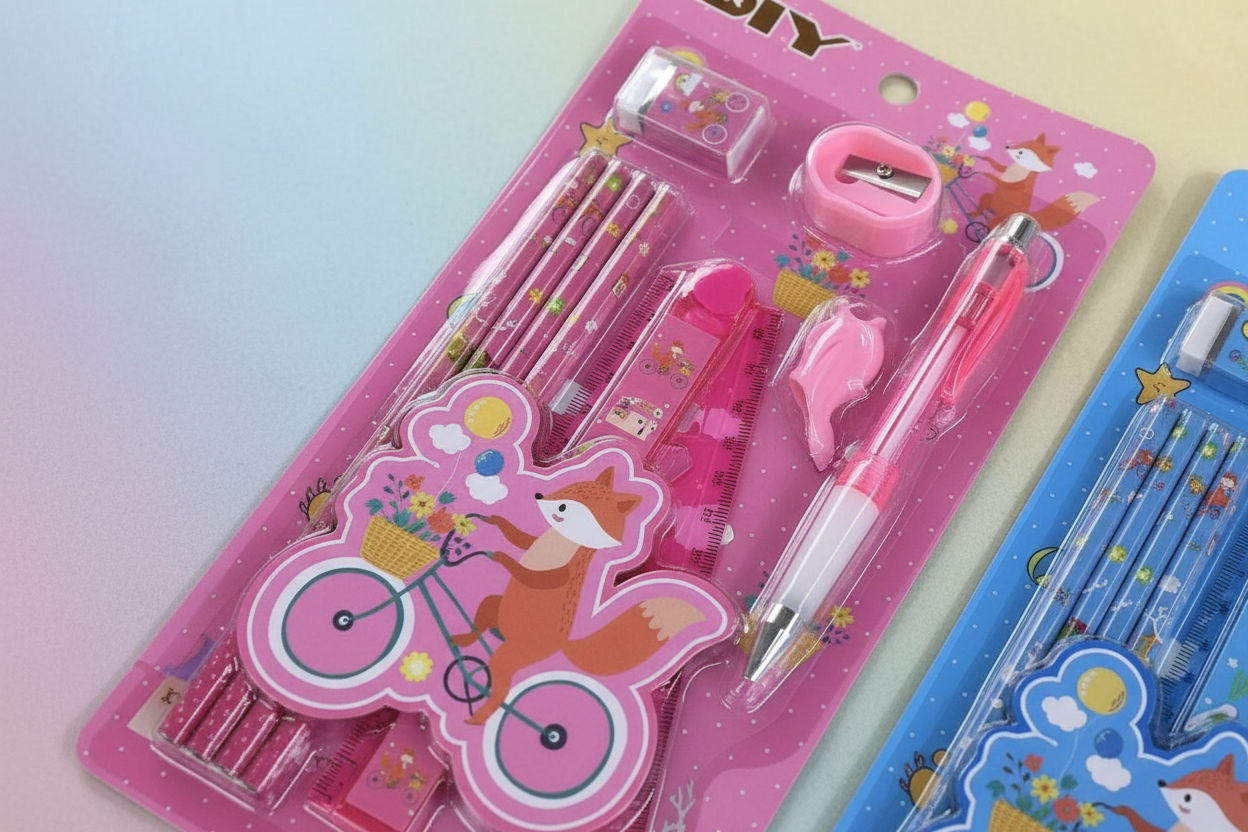 Angled close-up pink fox stationery set
