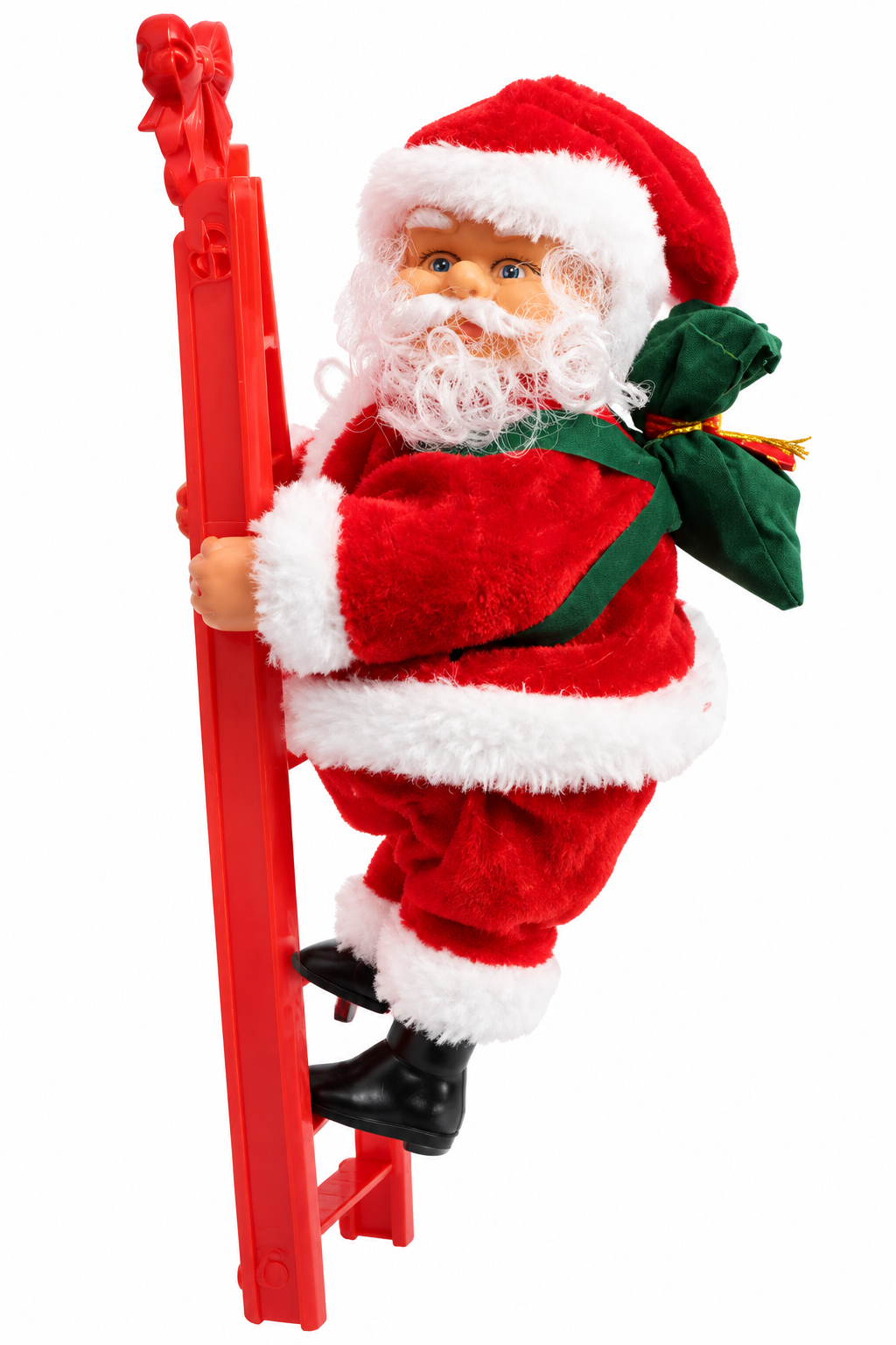 Angled three-quarter view of climbing Santa on red ladder