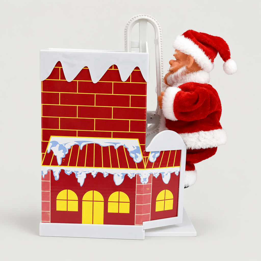 Angled view of Santa climbing Christmas house