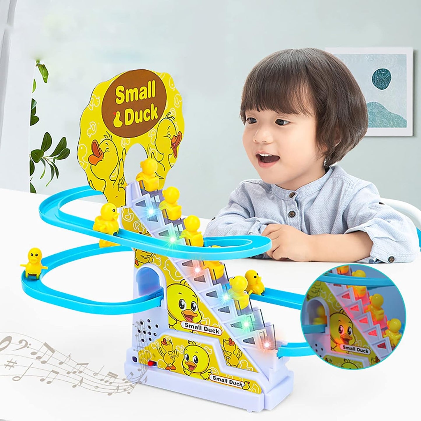 Duck Climbing Stairs Toy, Electric Race Track Game with Light & Music
