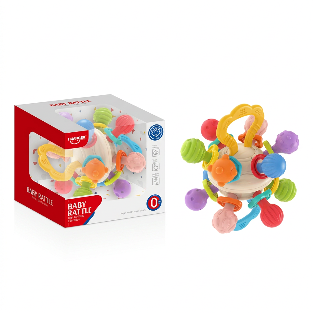 Baby rattle alongside its original retail packaging