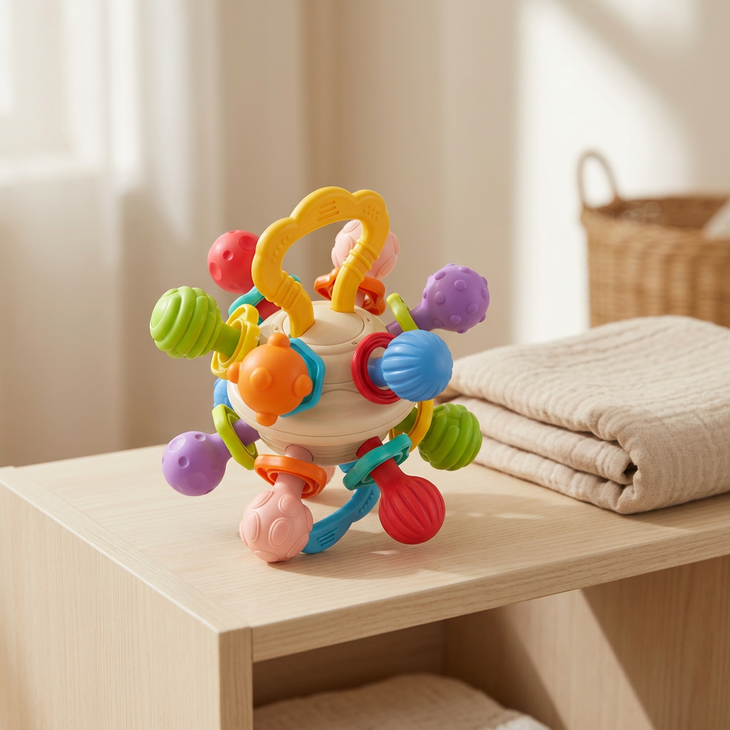 Baby rattle in a softly lit nursery setting