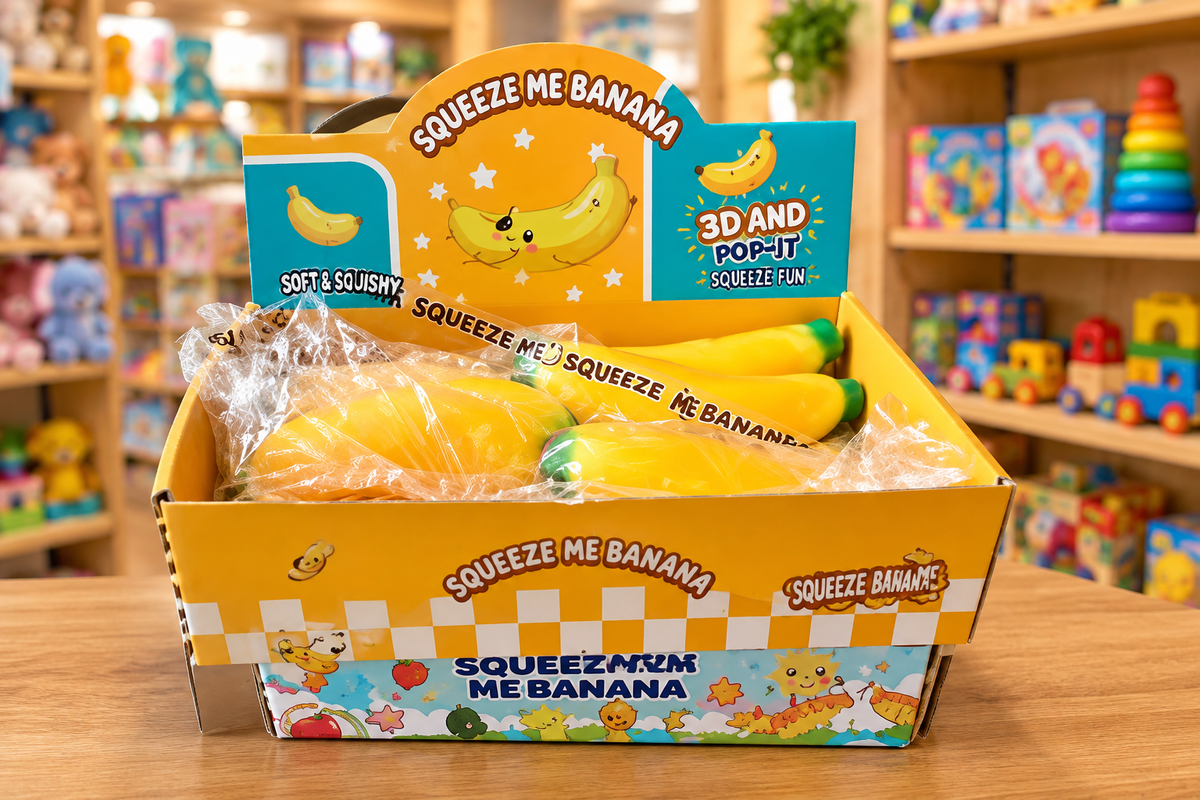 Banana-shaped toy display on a toy-shop counter
