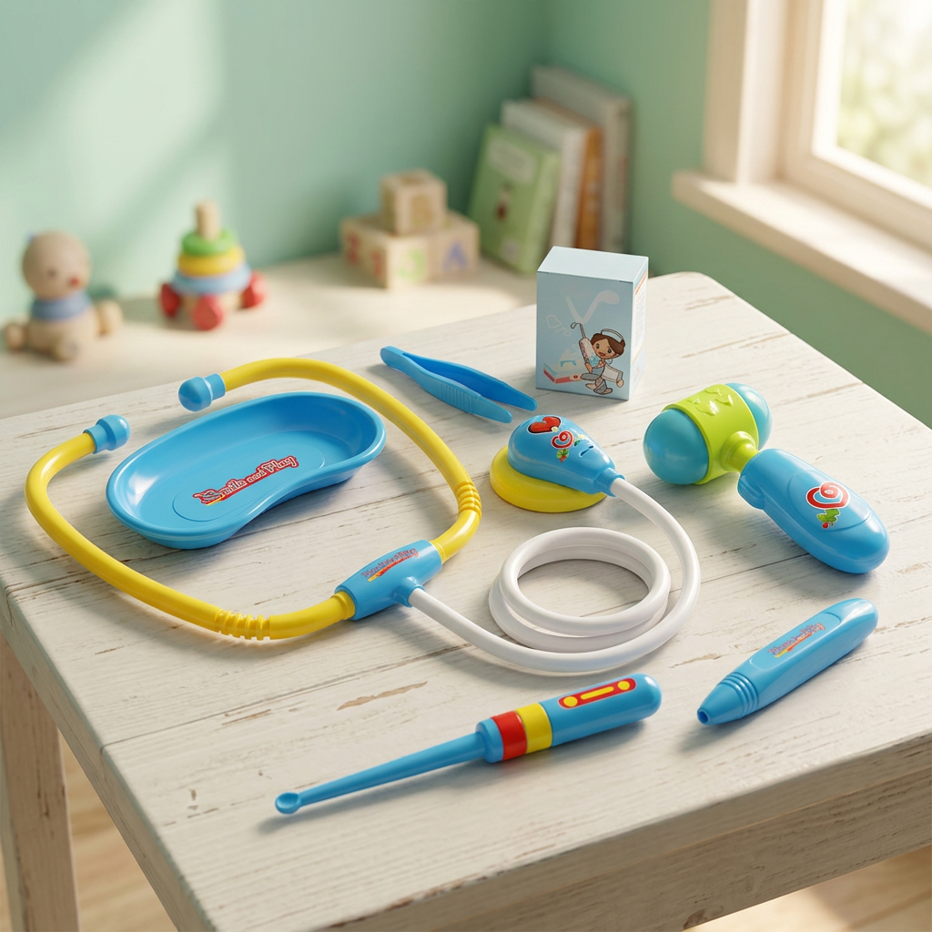 Blue-and-yellow doctor accessories on a playroom table