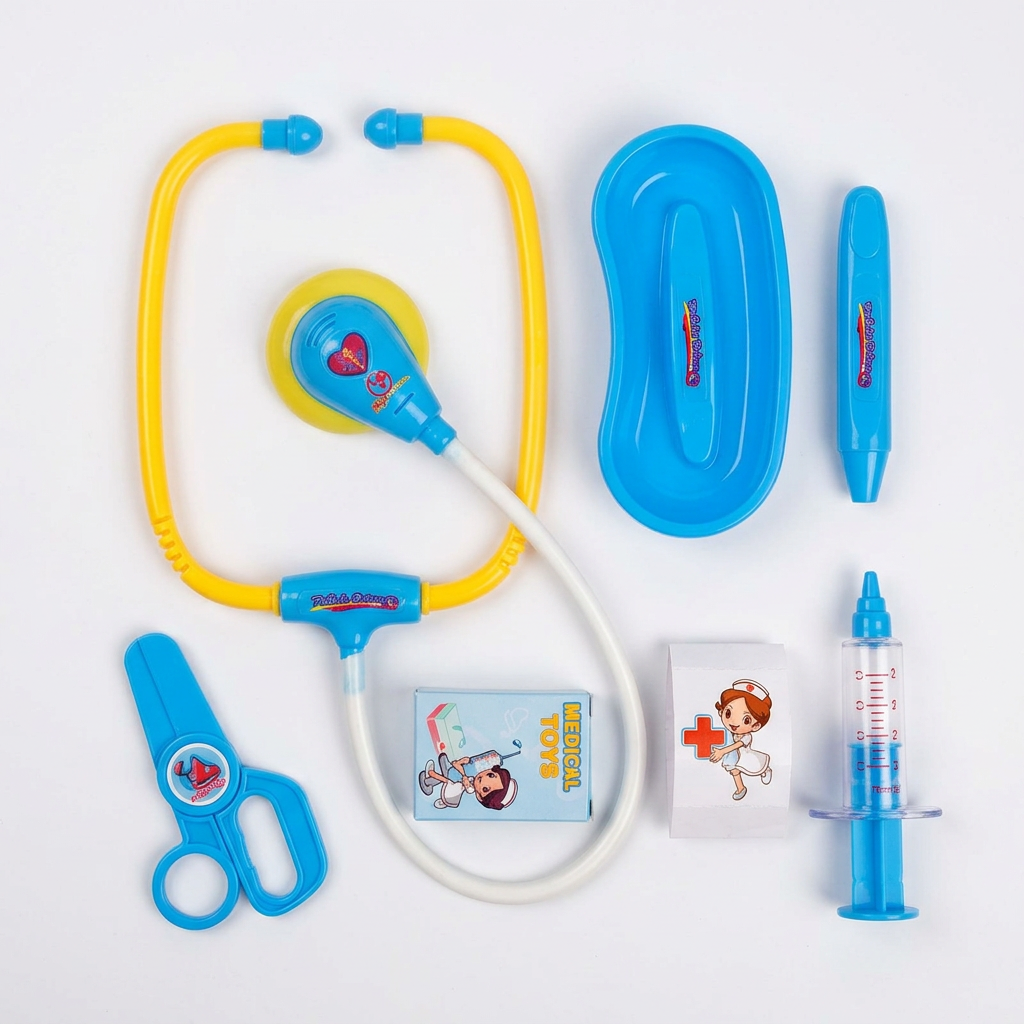 Blue-and-yellow doctor kit accessories on white