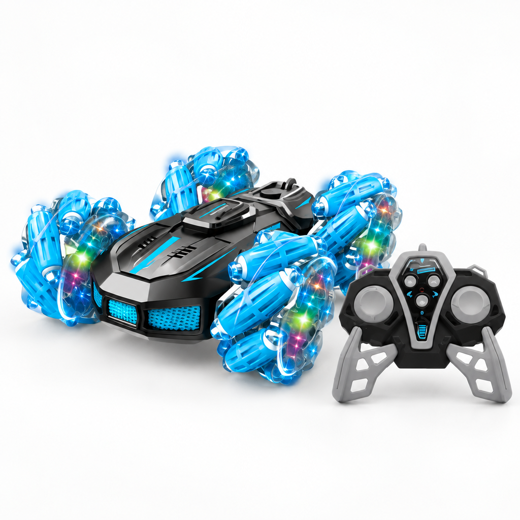 Blue remote-control stunt car with controller