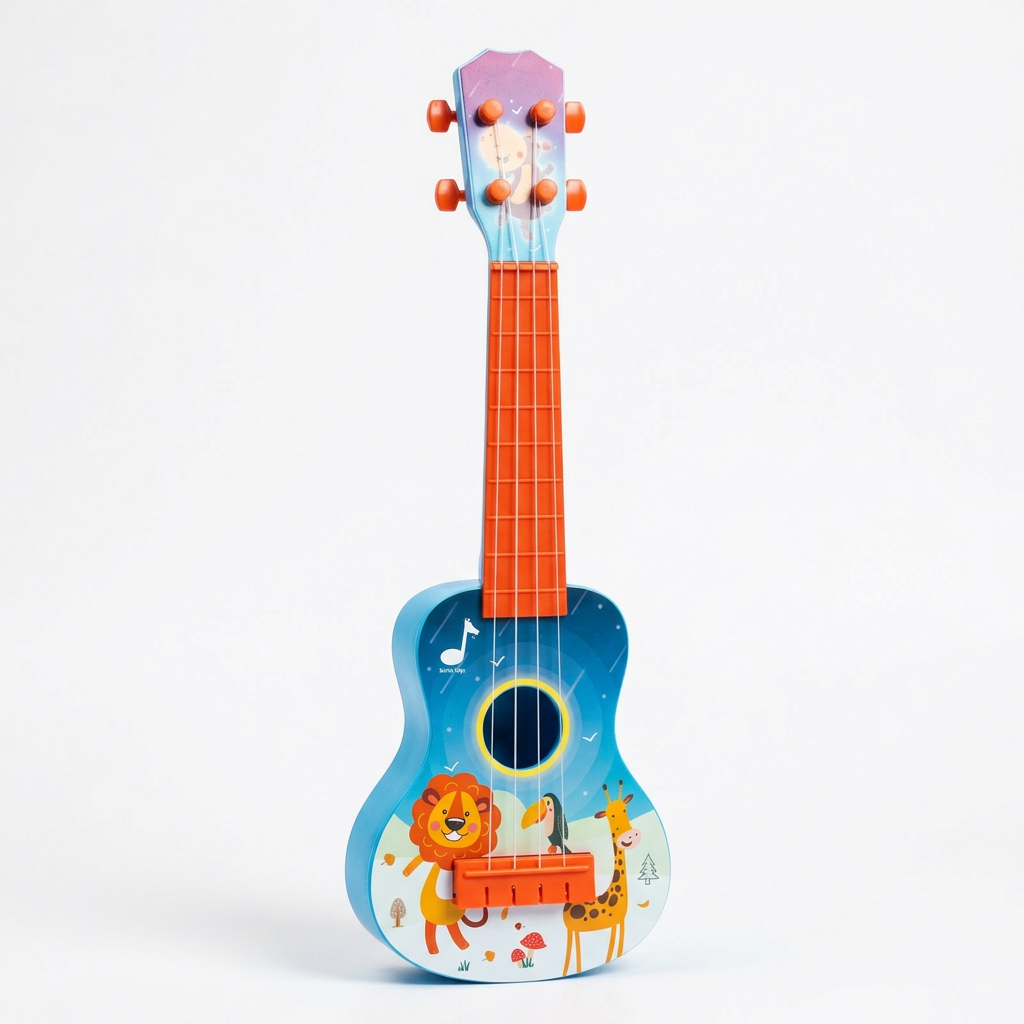 Blue-sided ukulele with orange neck