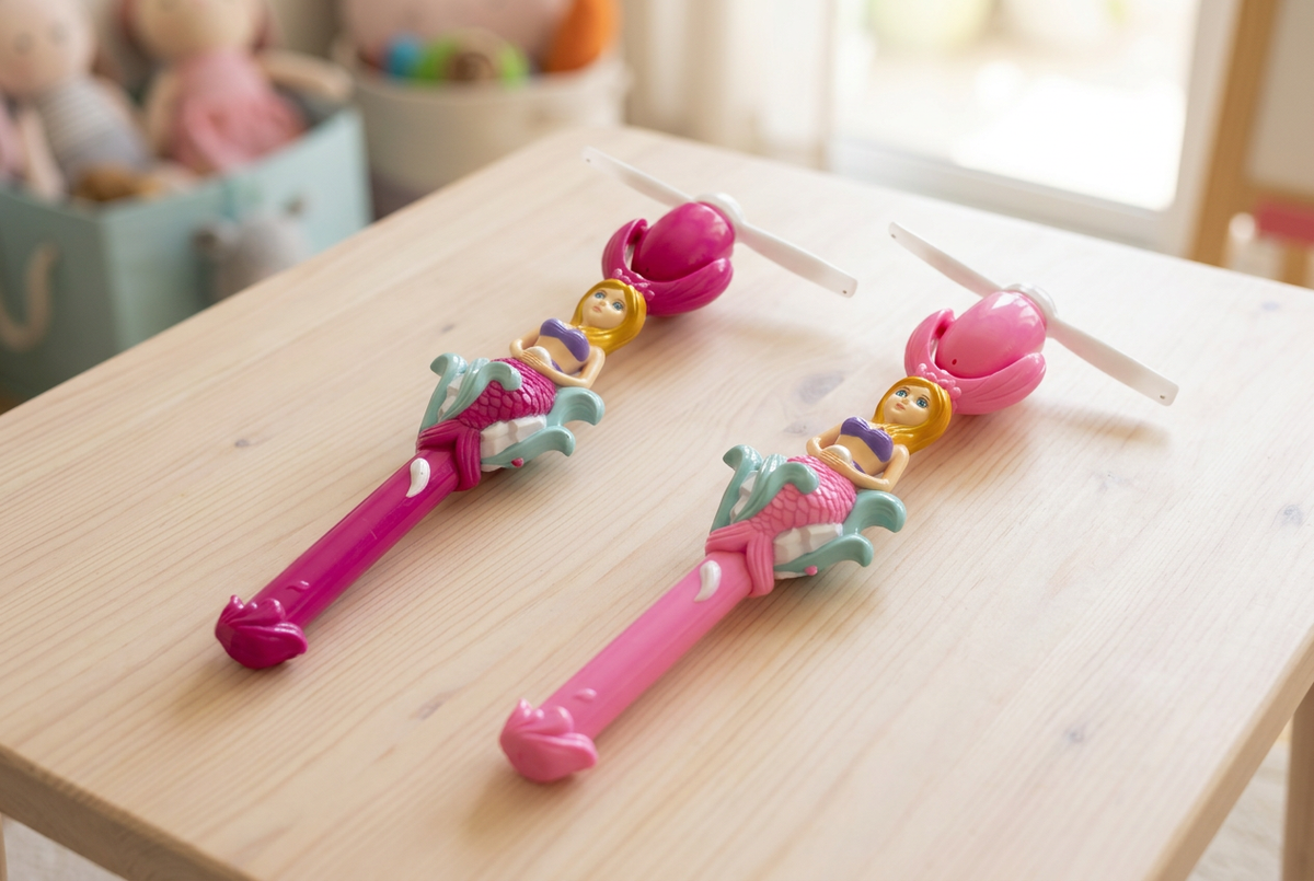 Both mermaid wands arranged in a playroom setting