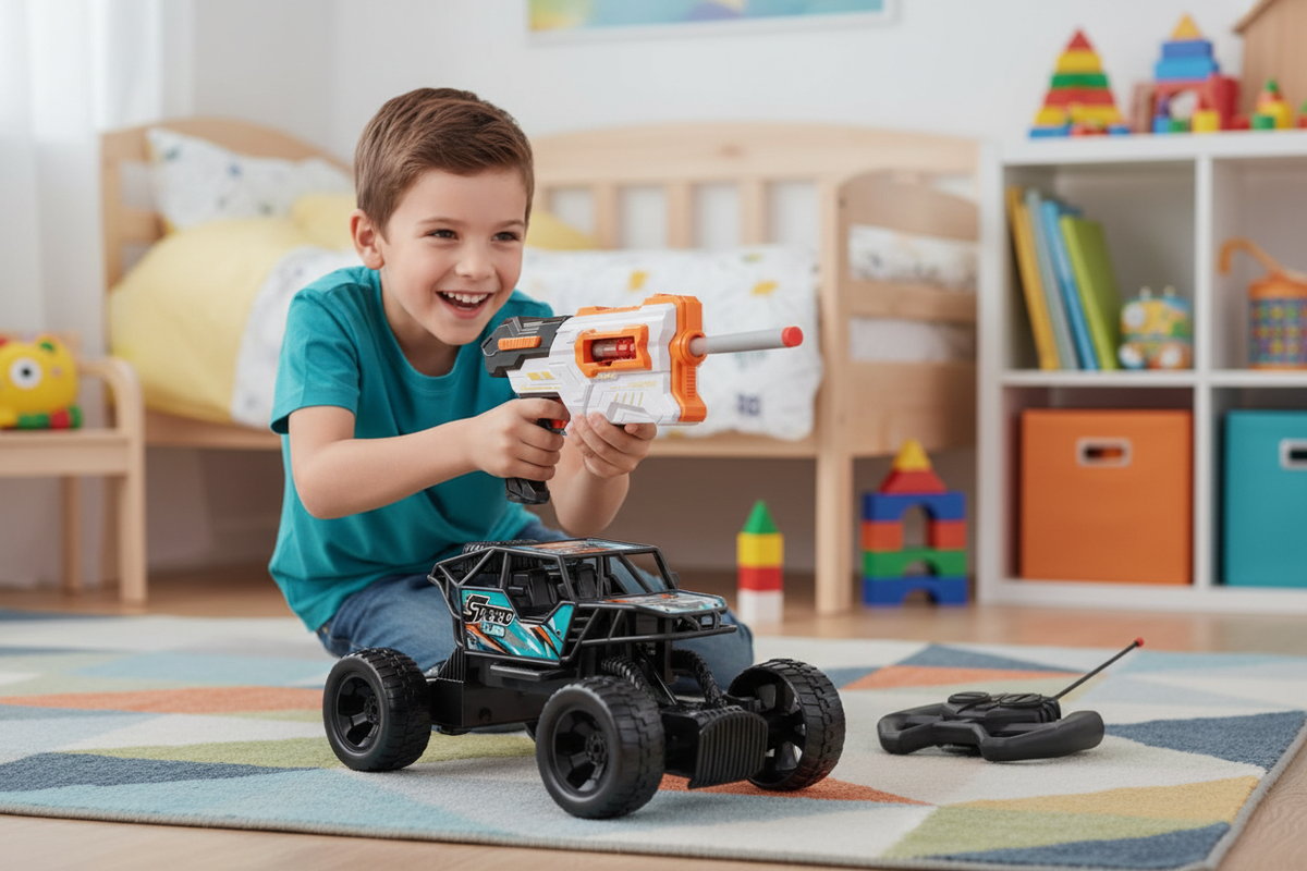 Boy Playing Indoors with Toys