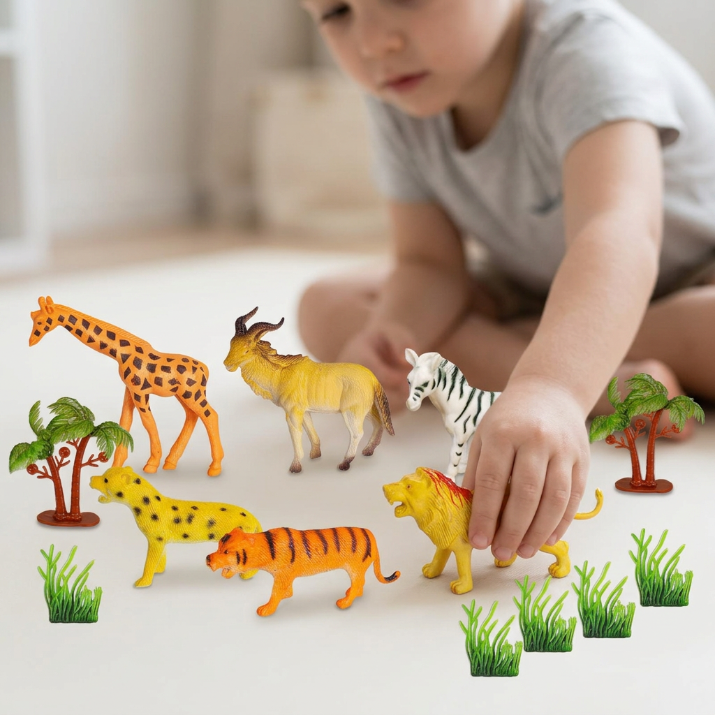 Child arranging the animal figures in a play scene