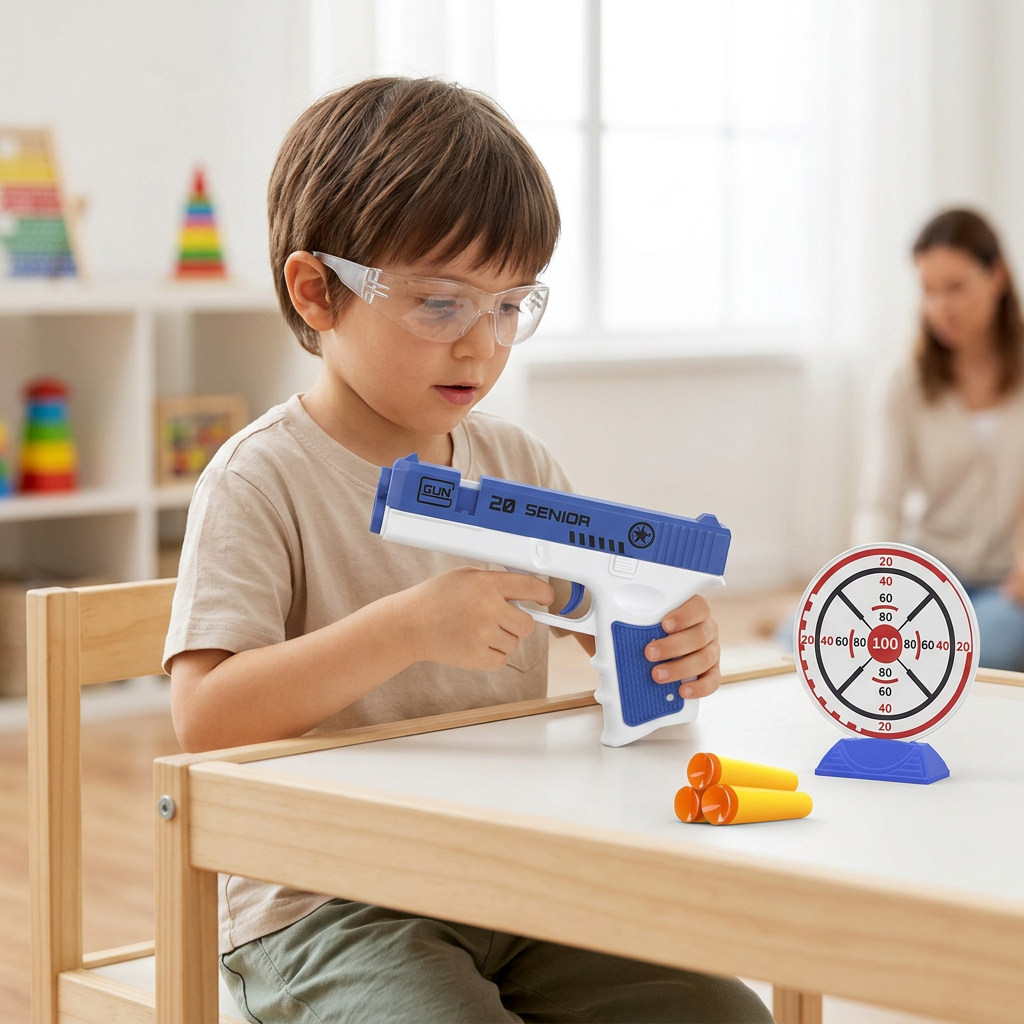 Child examining the toy blaster during supervised play