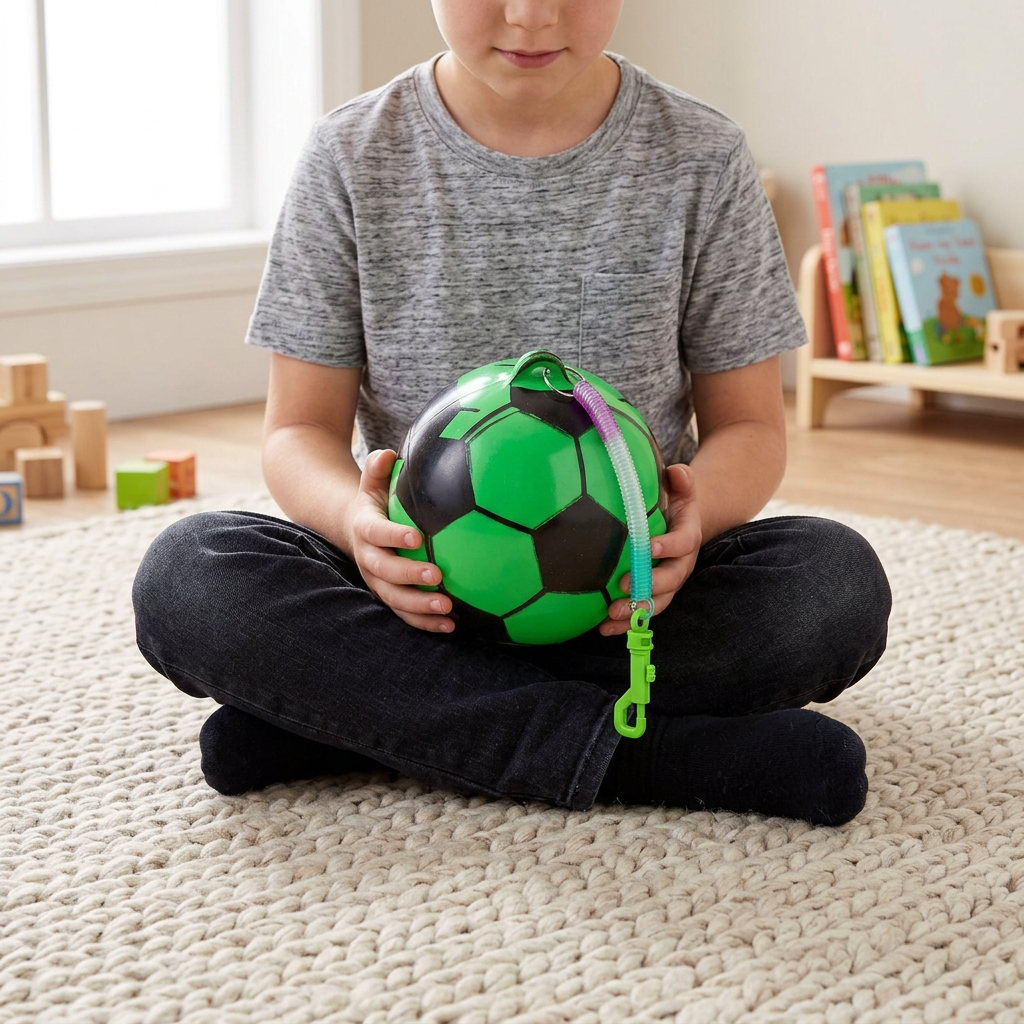 Child holding the green and black football toy