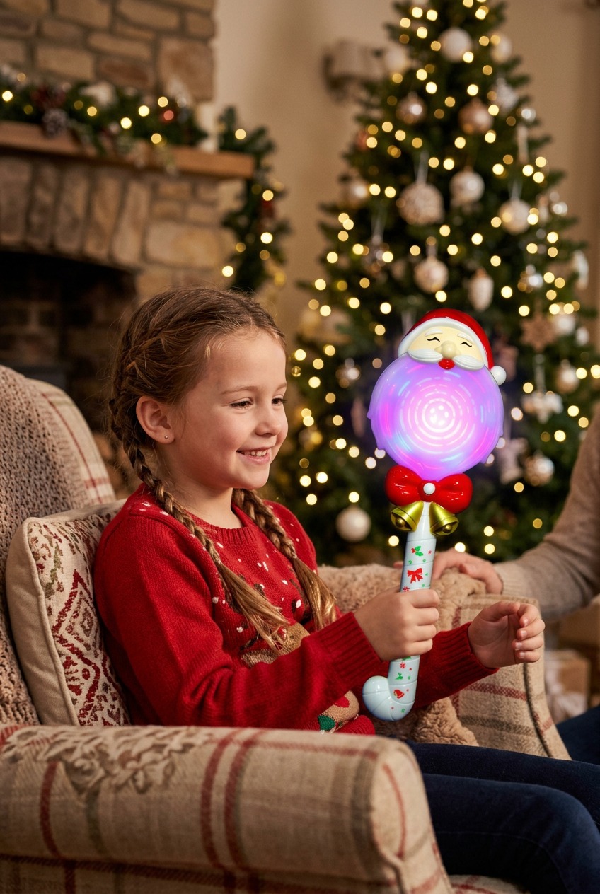 Child holding the illuminated Santa wand in a festive setting