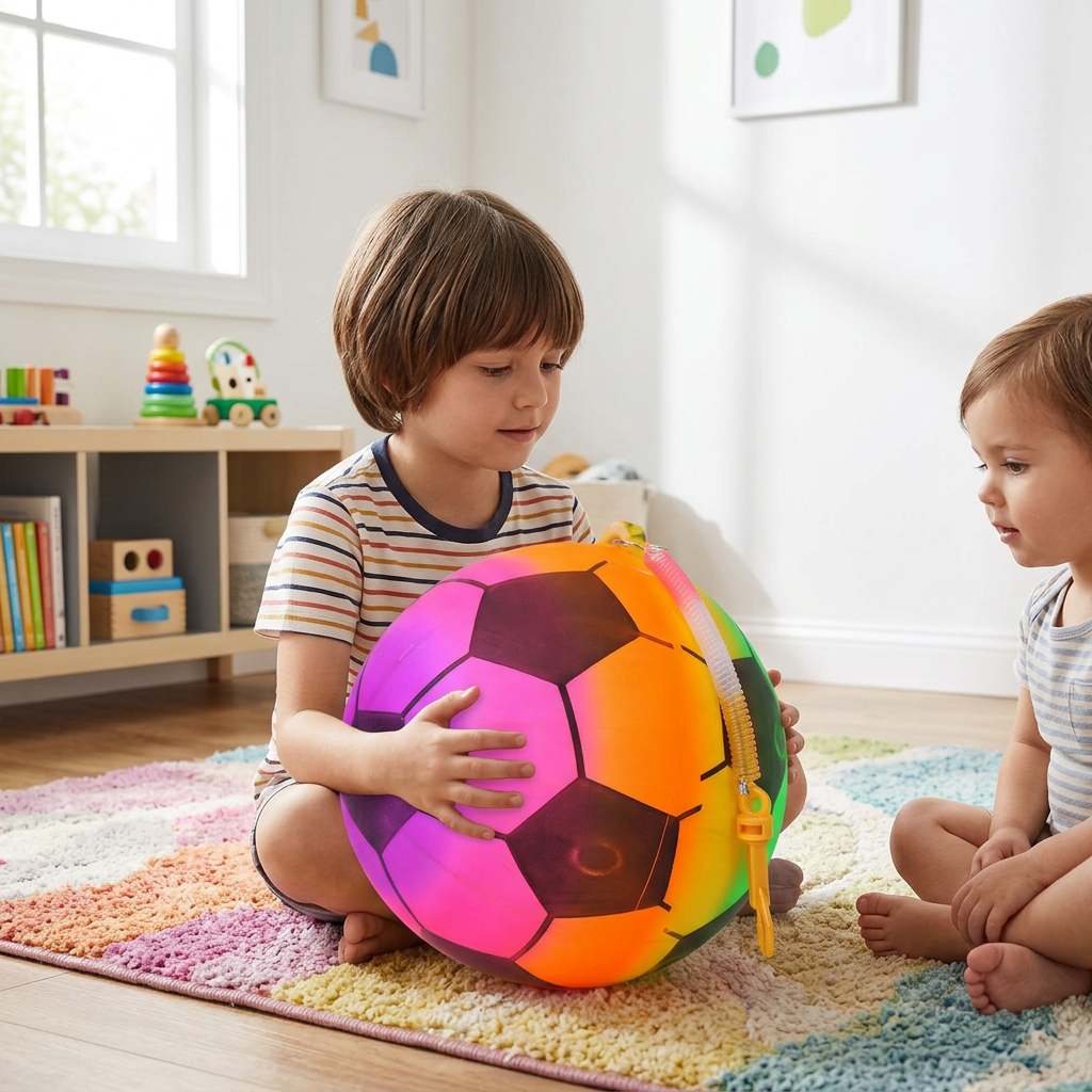 Child holding the rainbow football toy during play