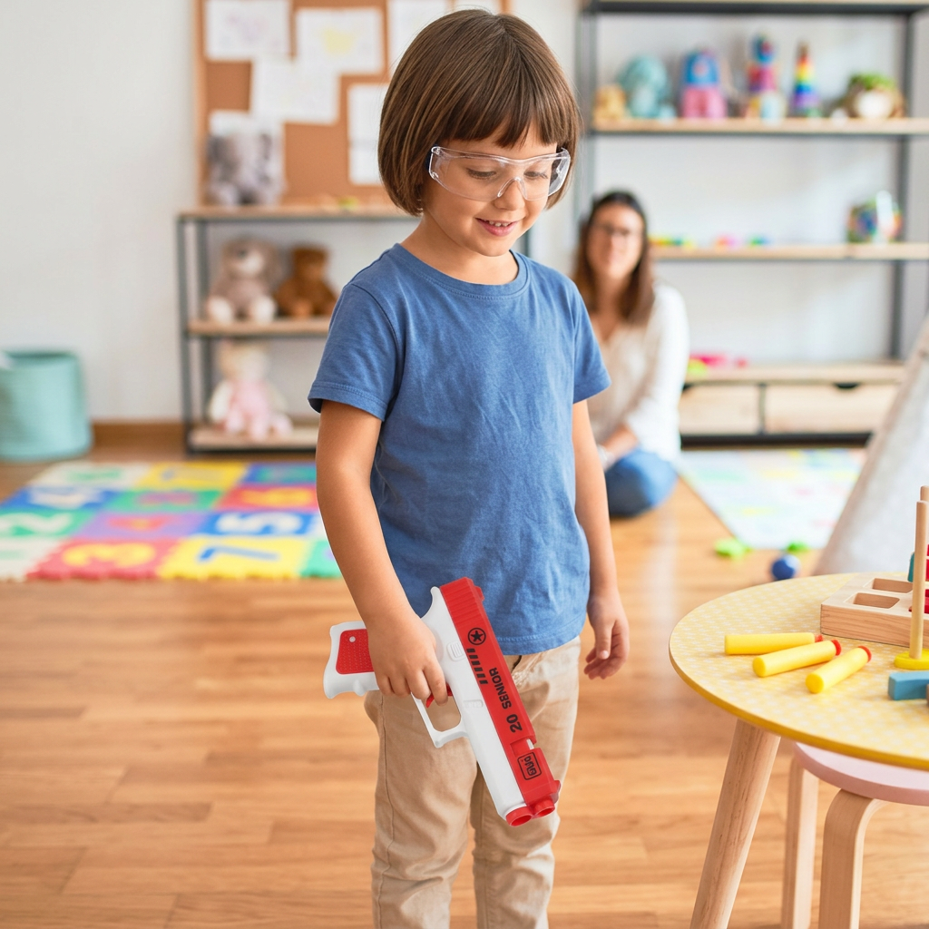 Child holding the toy blaster lowered during supervised play