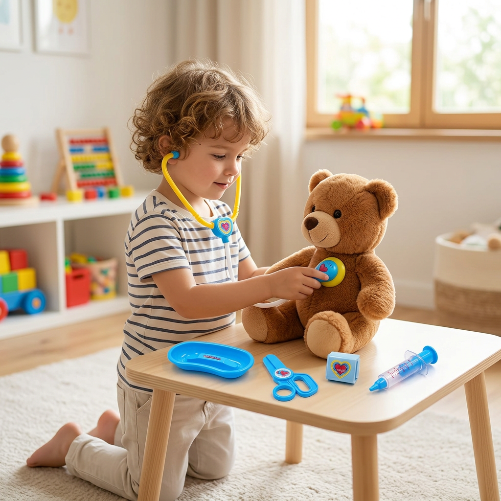 Child playing doctor with a teddy bear