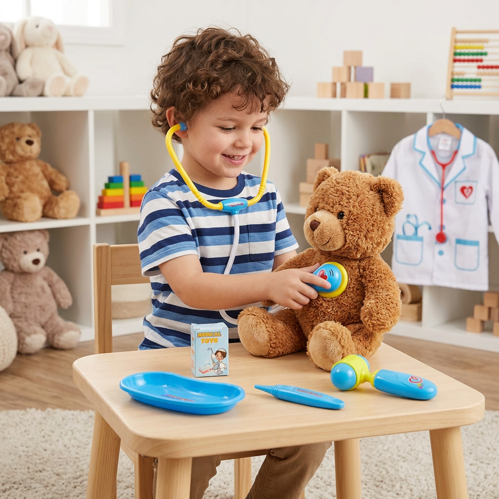 Child playing doctor with a teddy bear