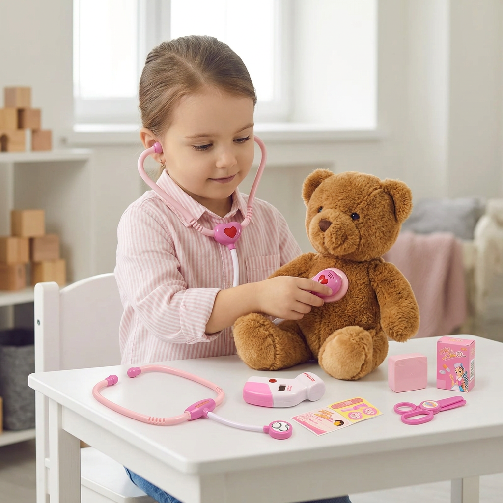 Child playing doctor with a teddy bear