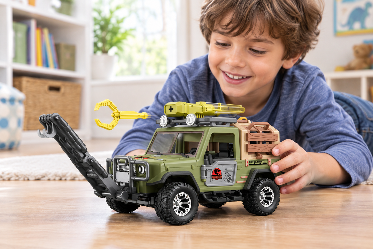 Child playing with dinosaur rescue vehicle