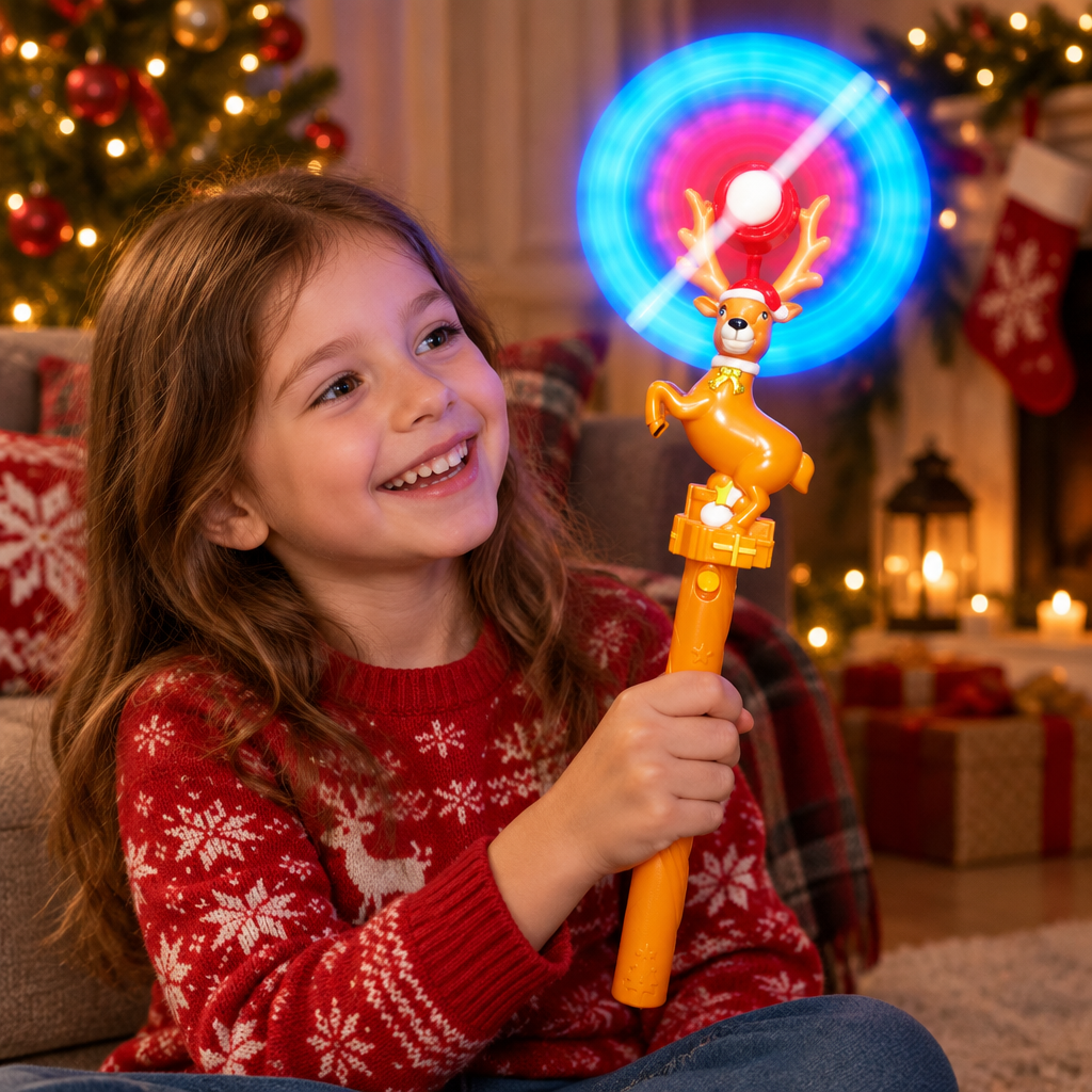 Child playing with orange reindeer spinner