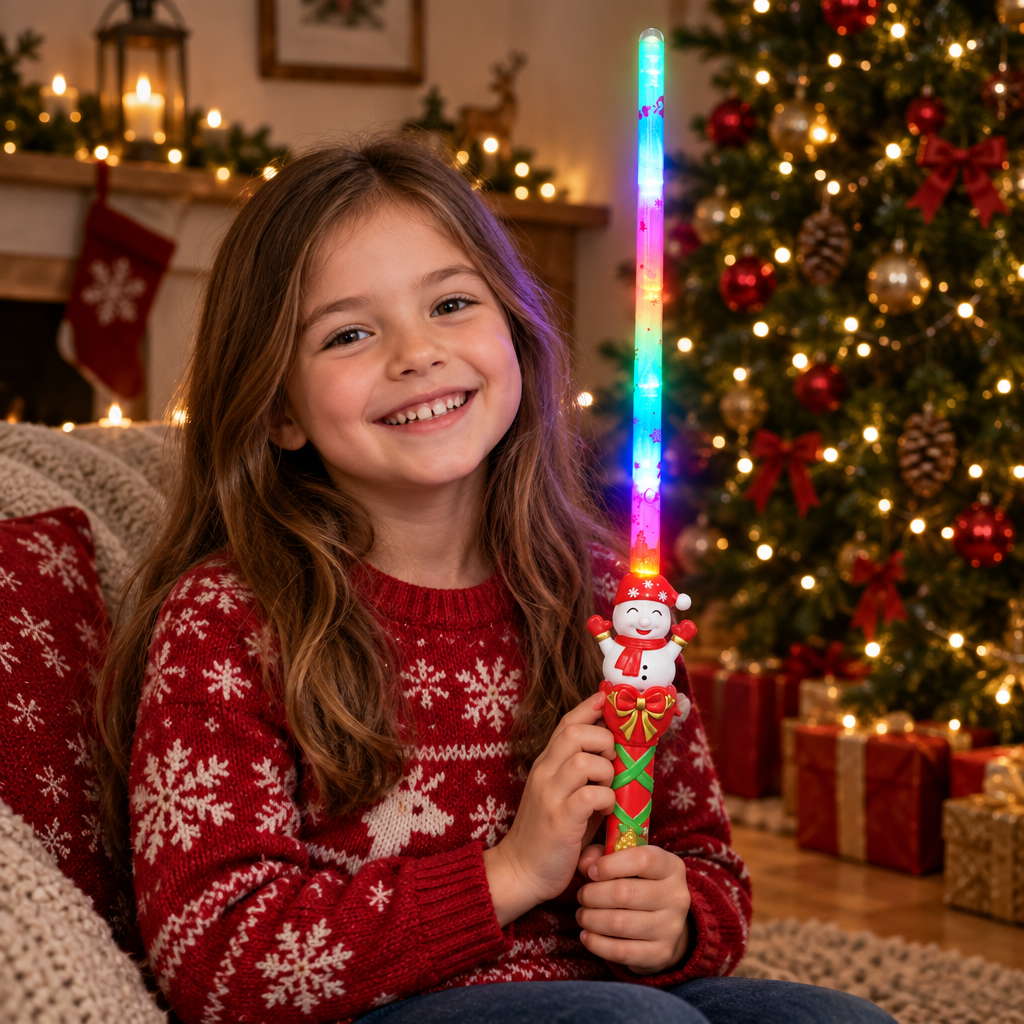 Child playing with snowman LED wand
