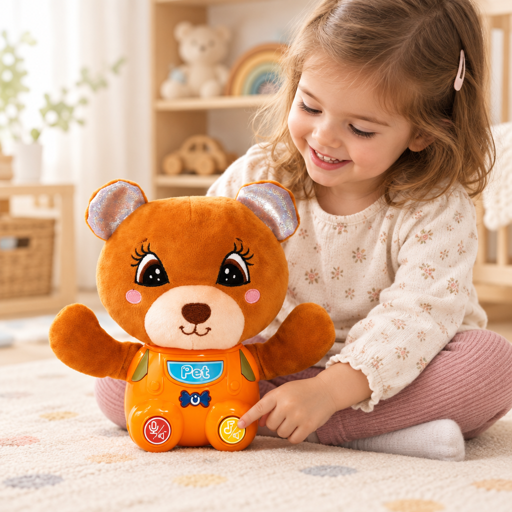 Child playing with the interactive orange bear