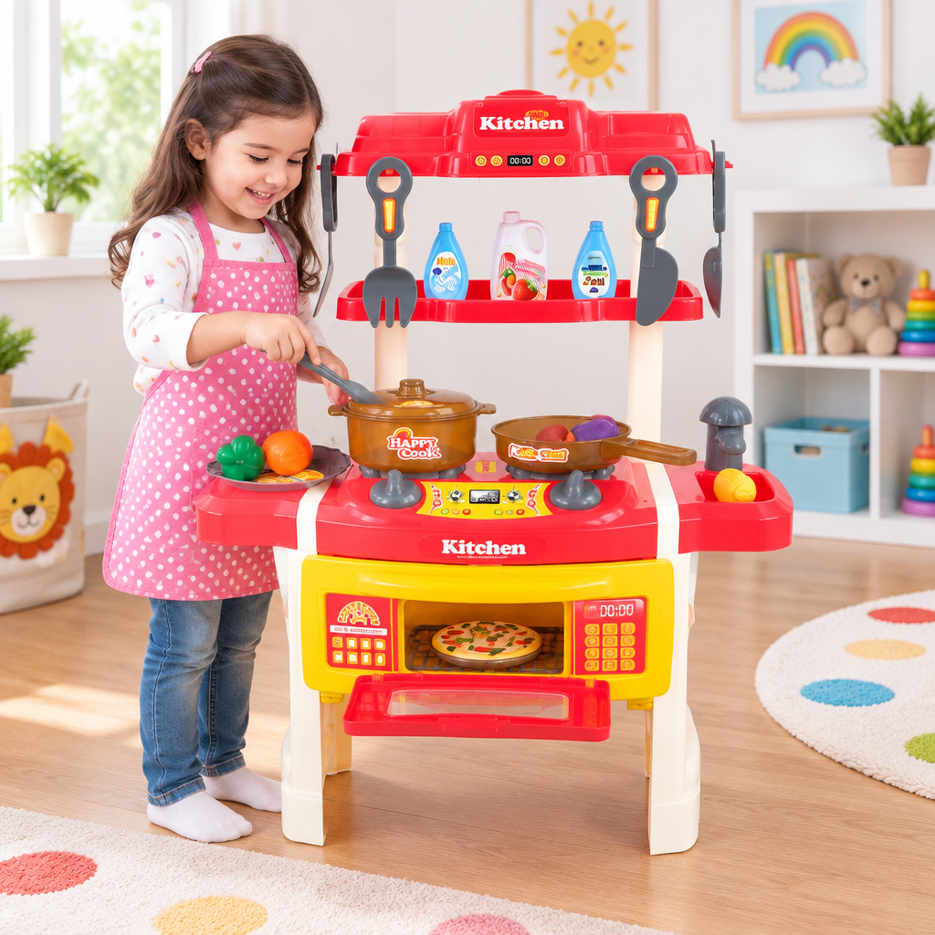 Child playing with the kitchen set