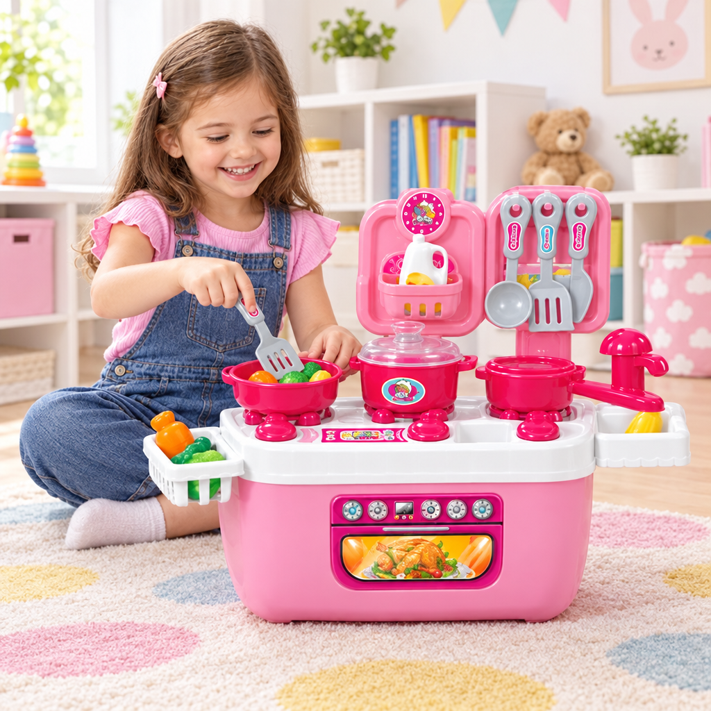 Child playing with the pink cooking set