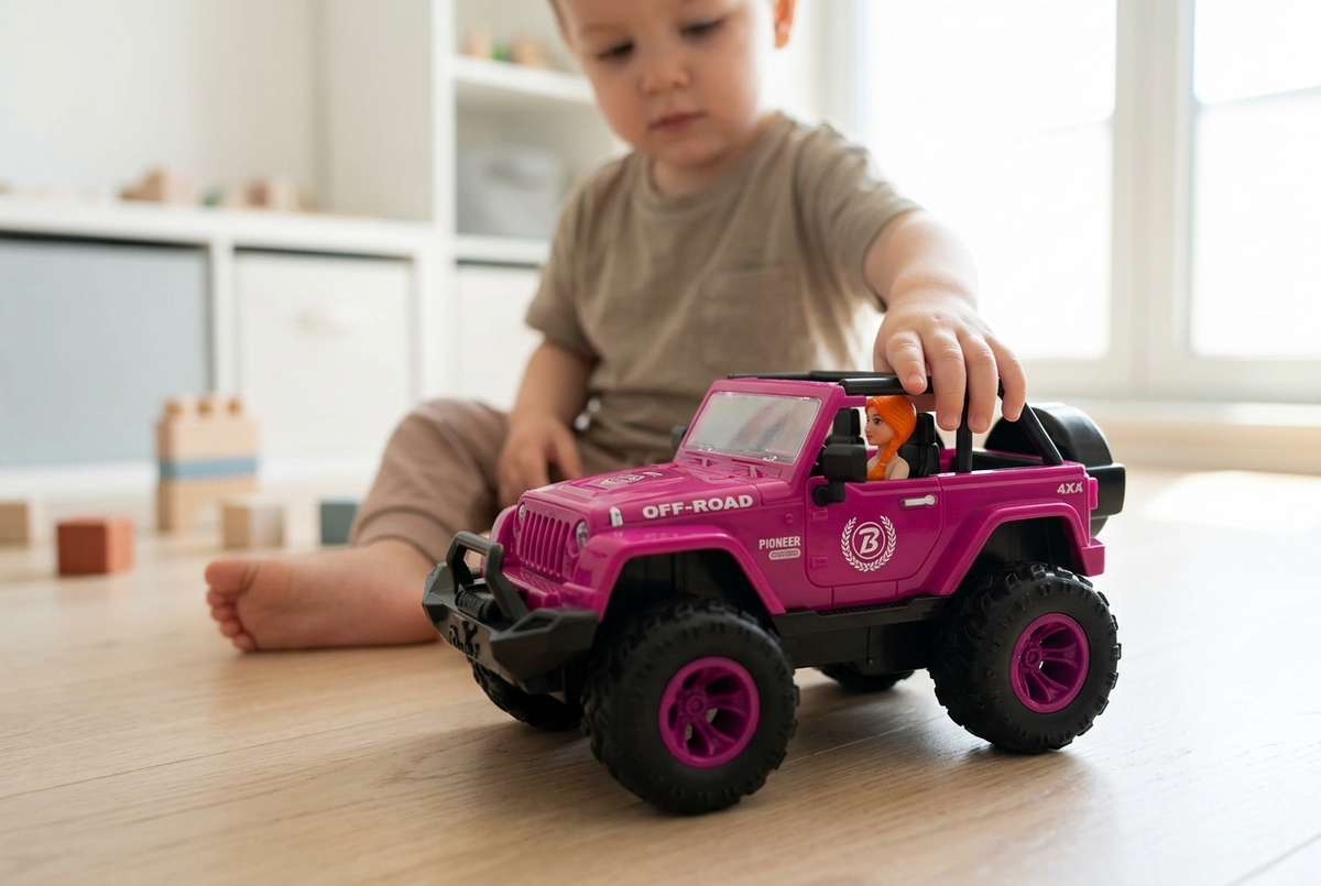 Child playing with the pink off-road toy vehicle