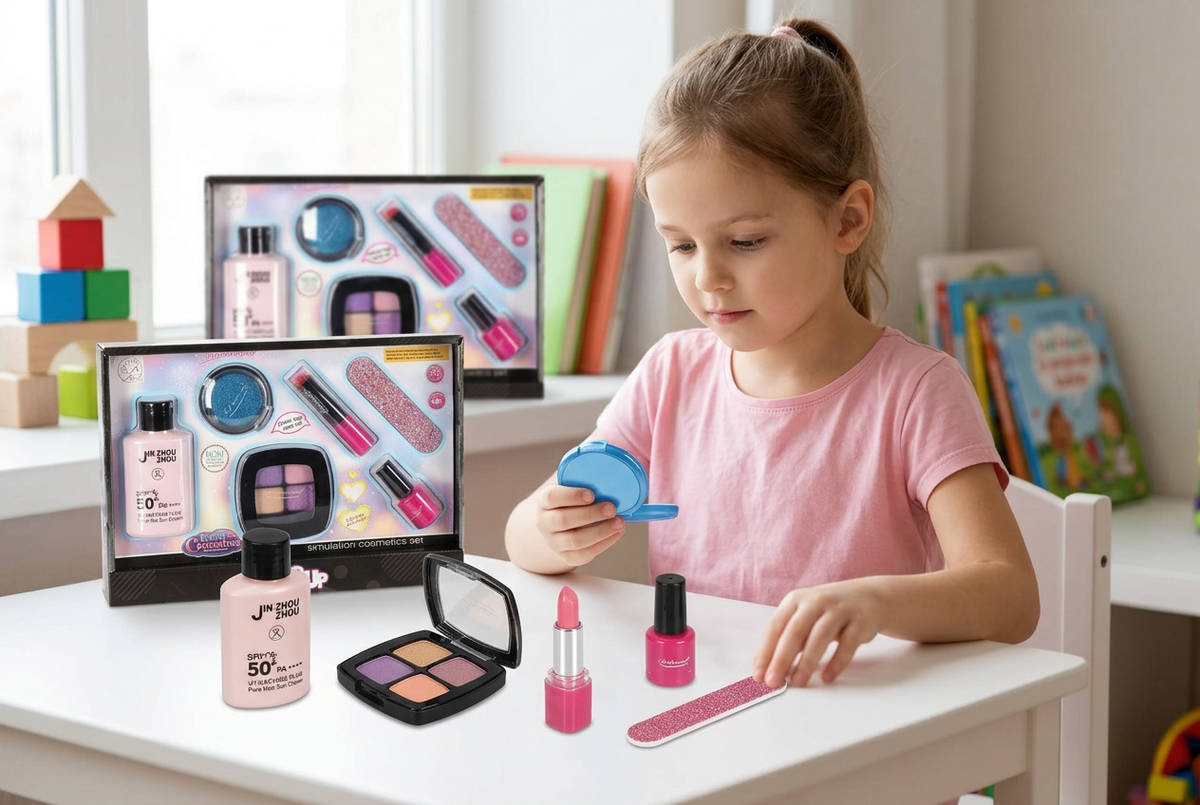 Child playing with the pretend cosmetics set