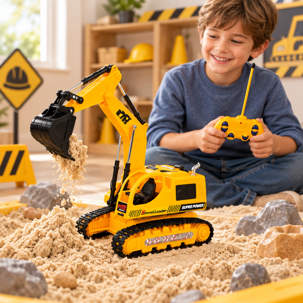 Child playing with the RC excavator