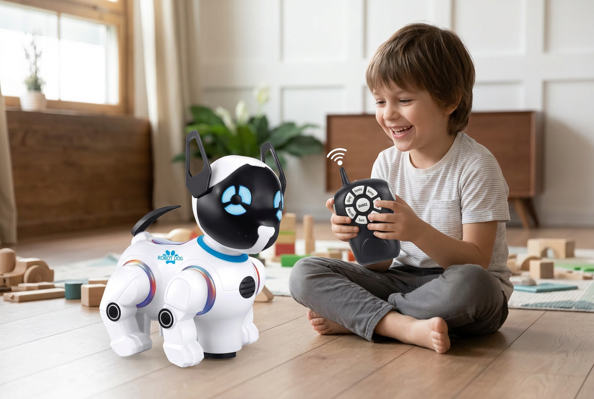 Child playing with the remote-control robot dog
