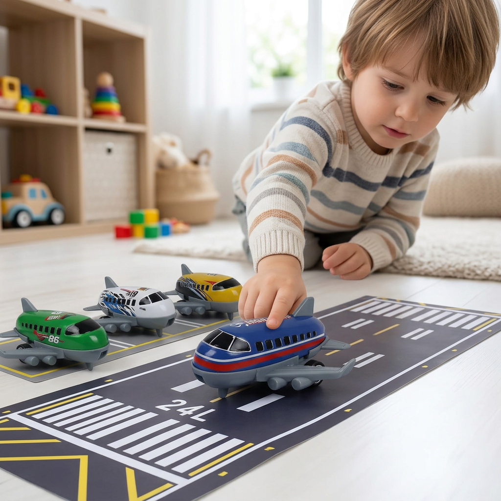 Child rolling a toy plane along a play runway