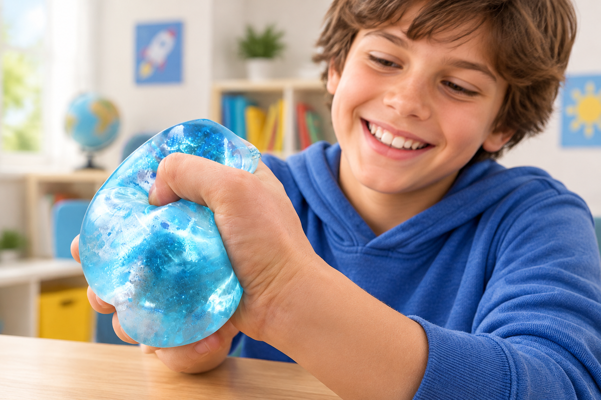 Child squeezing the ice-cube toy