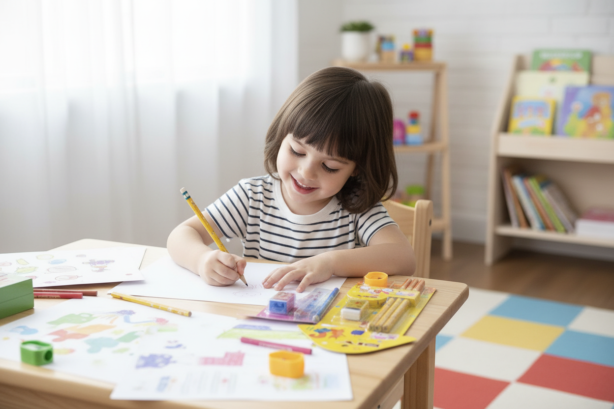 Child using stationery set at desk